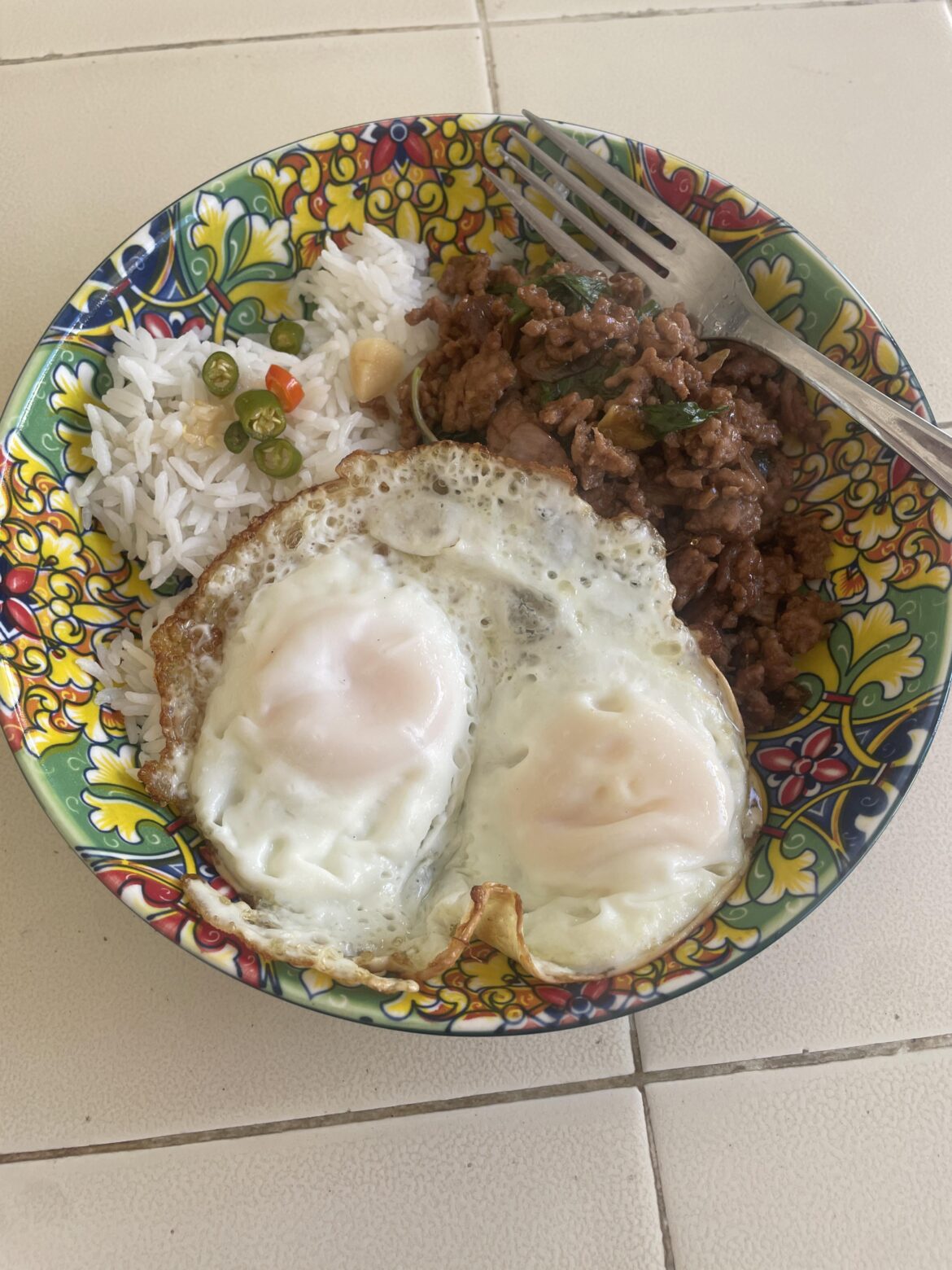 Pad Krapow with fried eggs