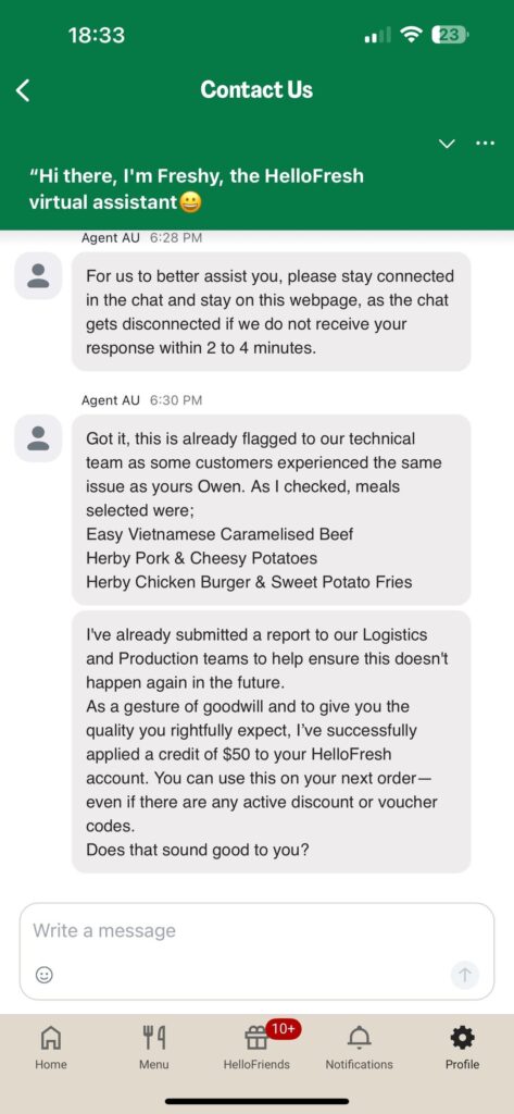 Confirmation that the app is changing orders and is