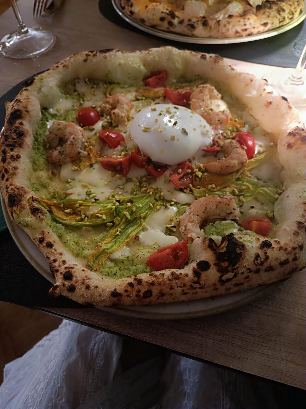 Zucchini cream pizza, marinated shrimp, tomatoes, burrata mozzarella