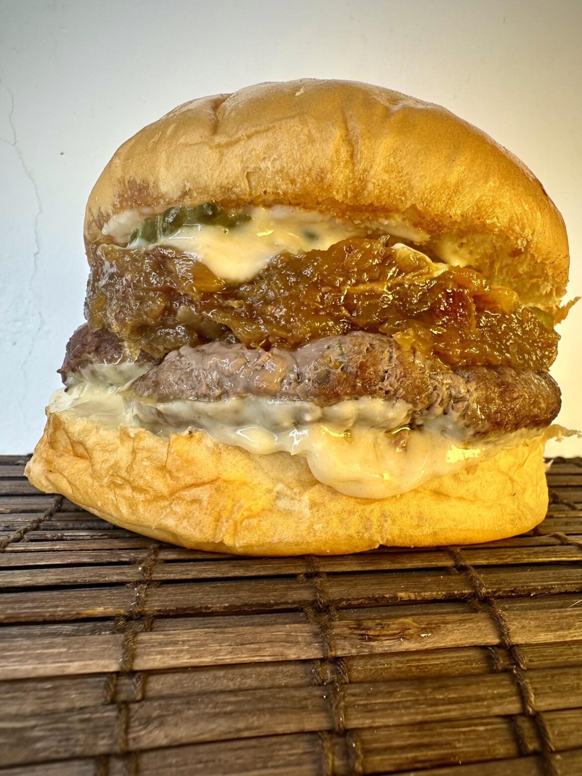 Homemade, beef with caramelized onions and melted blue cheese