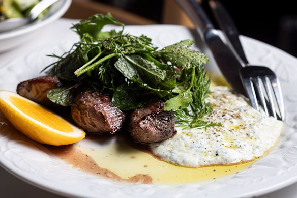 Grilled lamb fillets with tzatziki.
