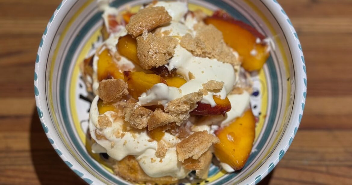 Brown Sugar Meringue with Peaches and Olive Oil Whipped Cream