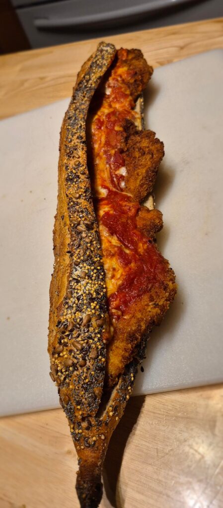 Chicken Parm using a nice Multi Grain Baguette from a local bakery.