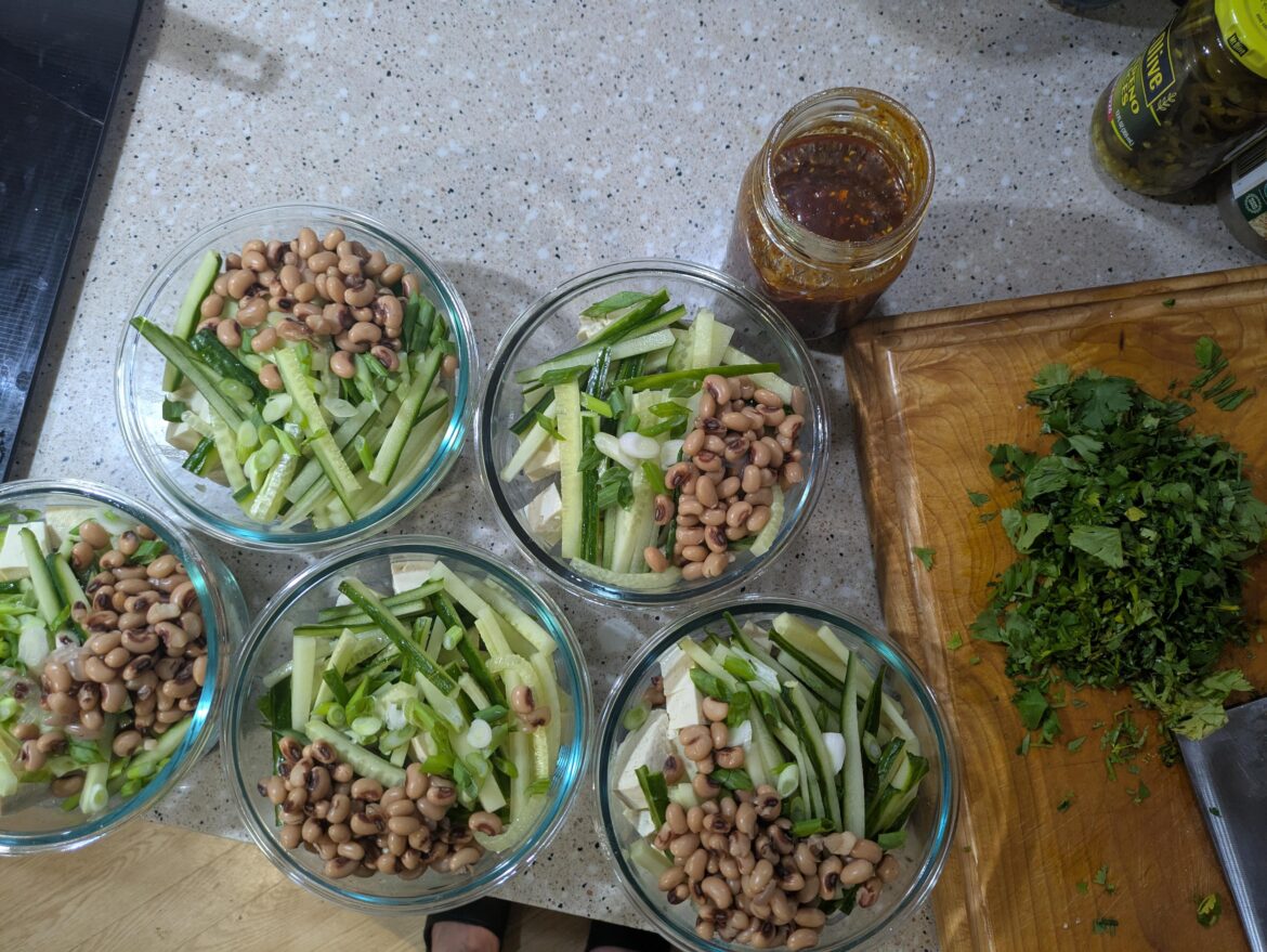 Lunches: sweet potato noodle salad, with cukes, tofu, black eyed peas, and chili oil dressing