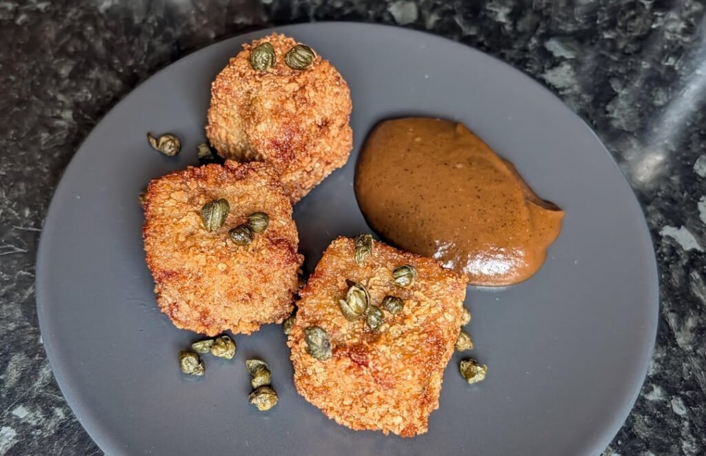 Ham hock & Stilton croquettes, burnt apple sauce