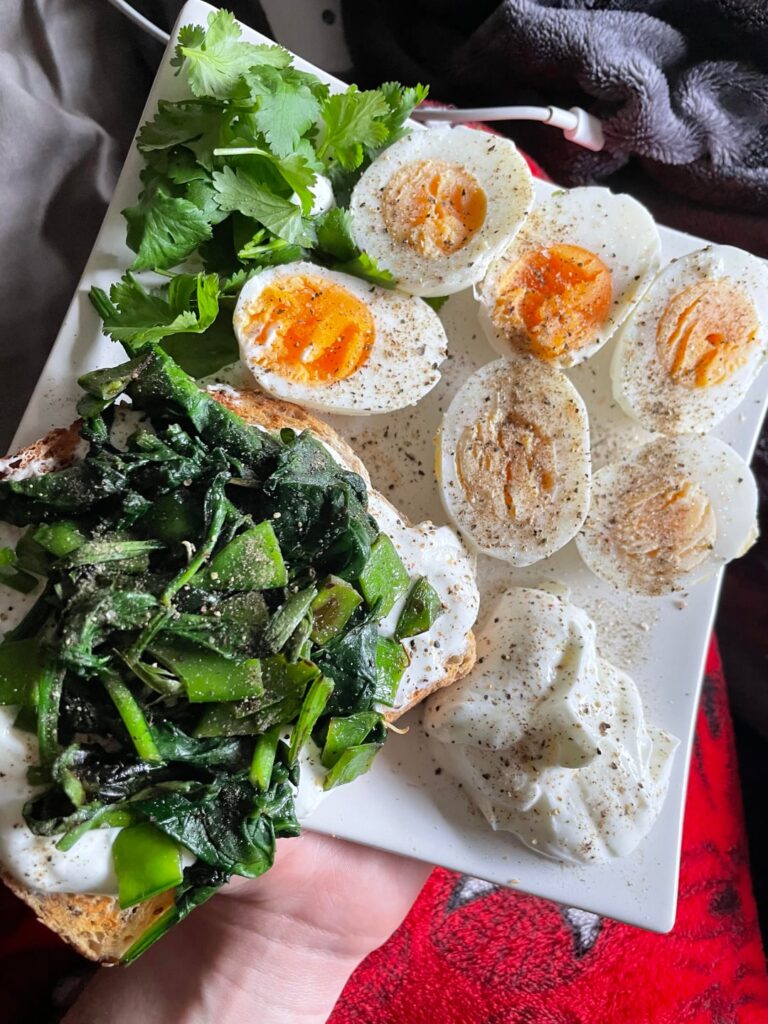 breakfast with my first snow pea harvest!