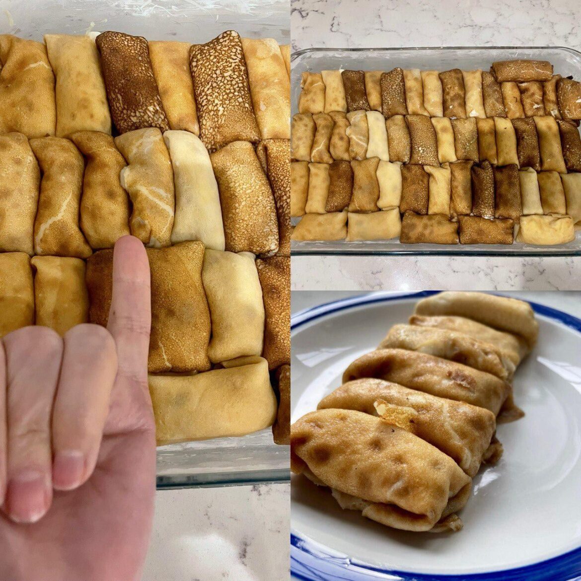 Ukrainian nalysnyky (thin crêpes) with cottage cheese and sugar inside, about the size of a pinky finger [homemade]