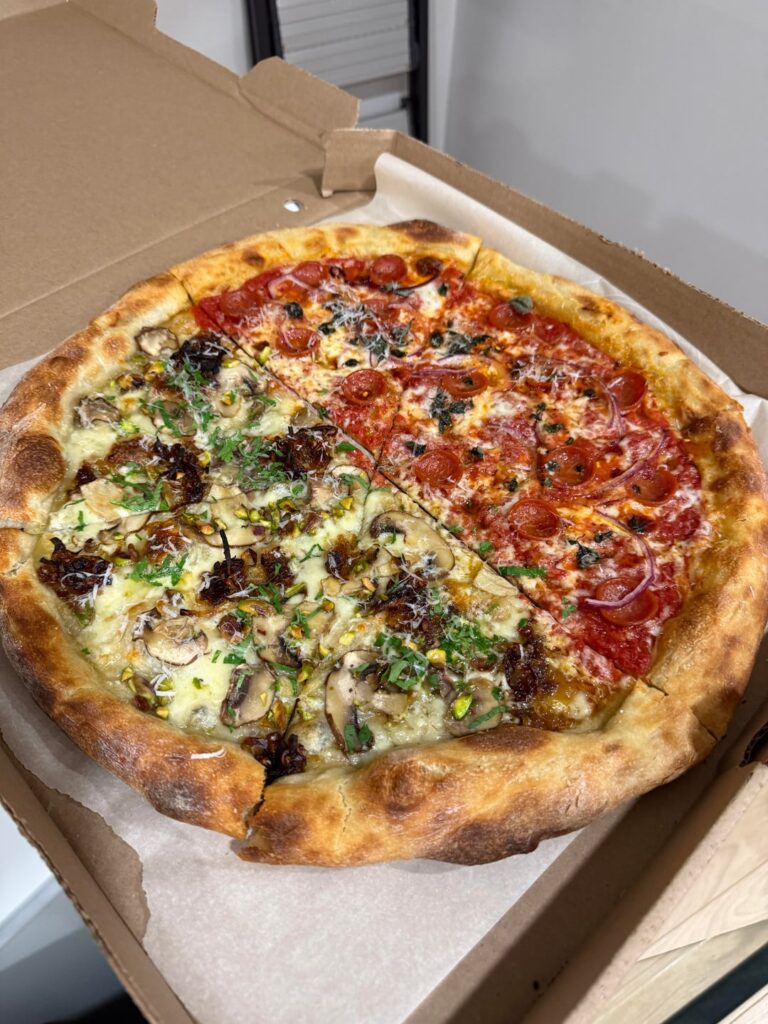 [homemade] I made a half white and half pepperoni pizza (pie) for my neighbours