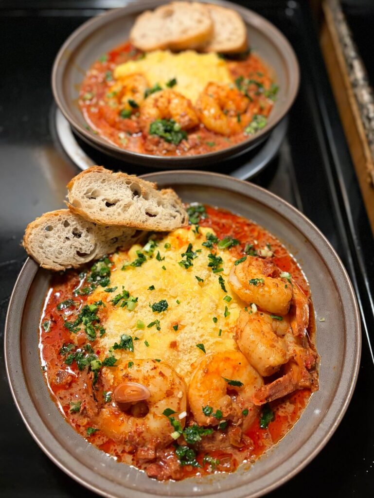 Creamy Polenta and Shrimp with a spicy red wine N’Duja sauce