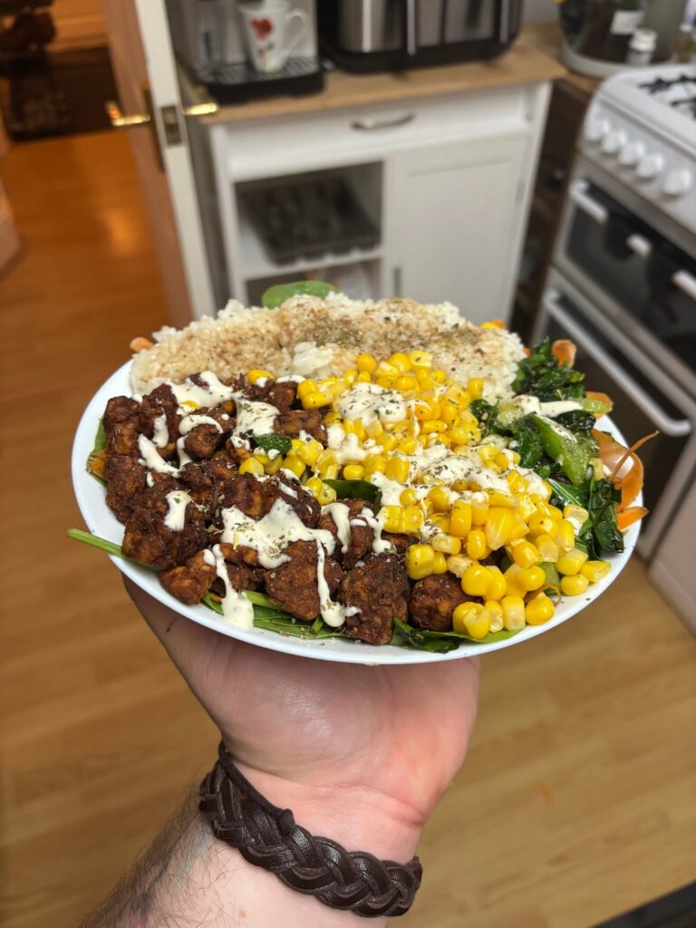Sticky rice bowl with bbq seitan (bought from Aldi) spinach, carrot, sweetcorn spring onion and homemade crispy seaweed