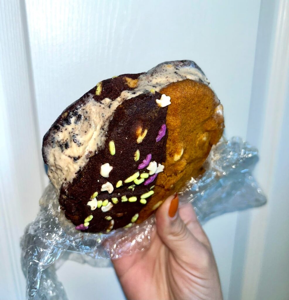 Spooky ice cream sandwich w Ben and Jerry’s caramel chocolate cheesecake 🎃🤎