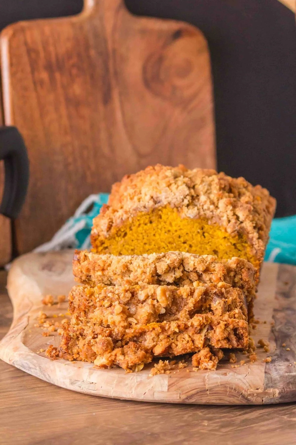 A close up shot pumpkin crunch bread.