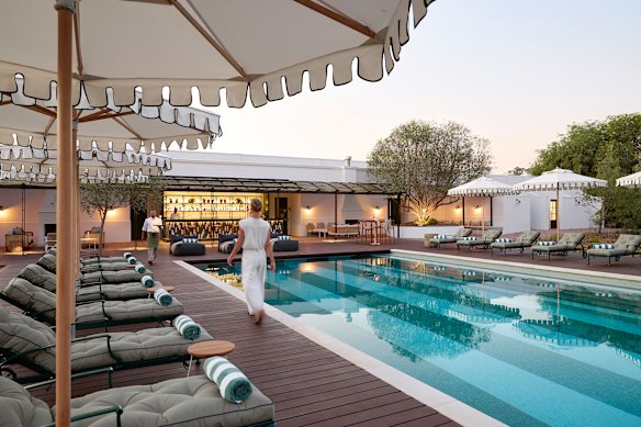 The hotel’s large heated pool and bar.
