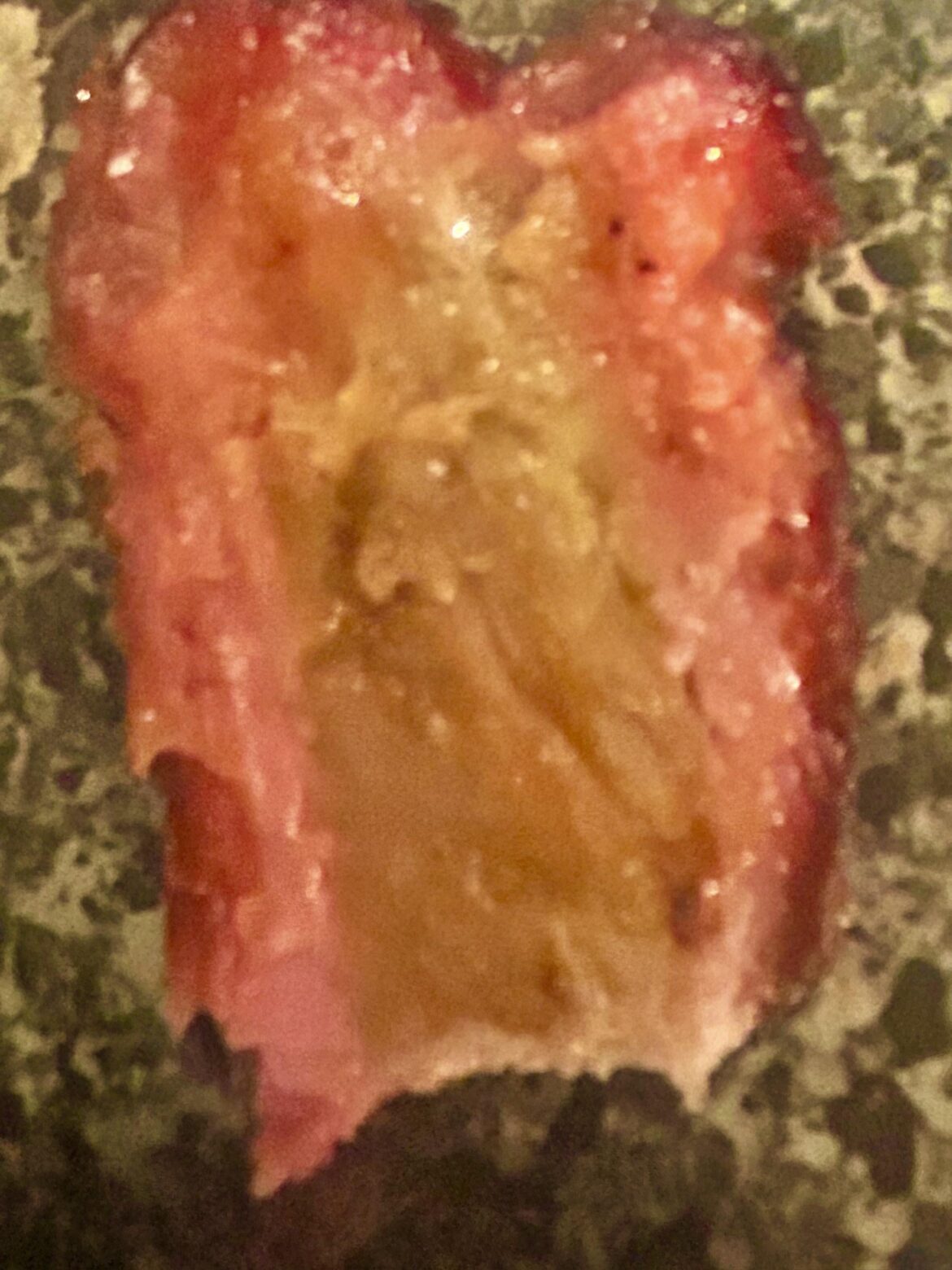 Smoked party ribs on my pit boss table top for 2 hours. Pulled at 203 internal sliced meat off the bones. this is the piece of that meat.