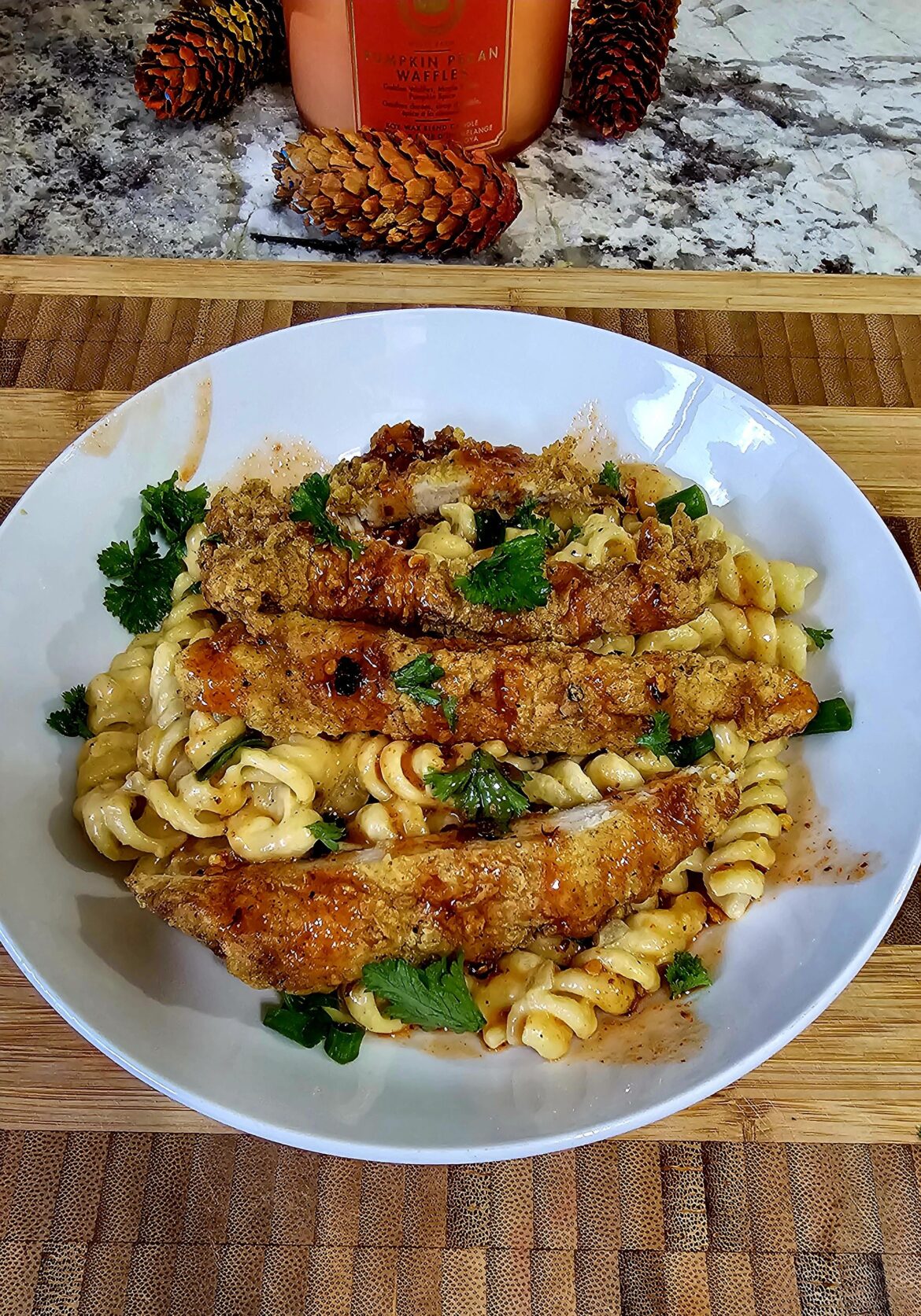 Homemade chicken tendies and mac and cheese