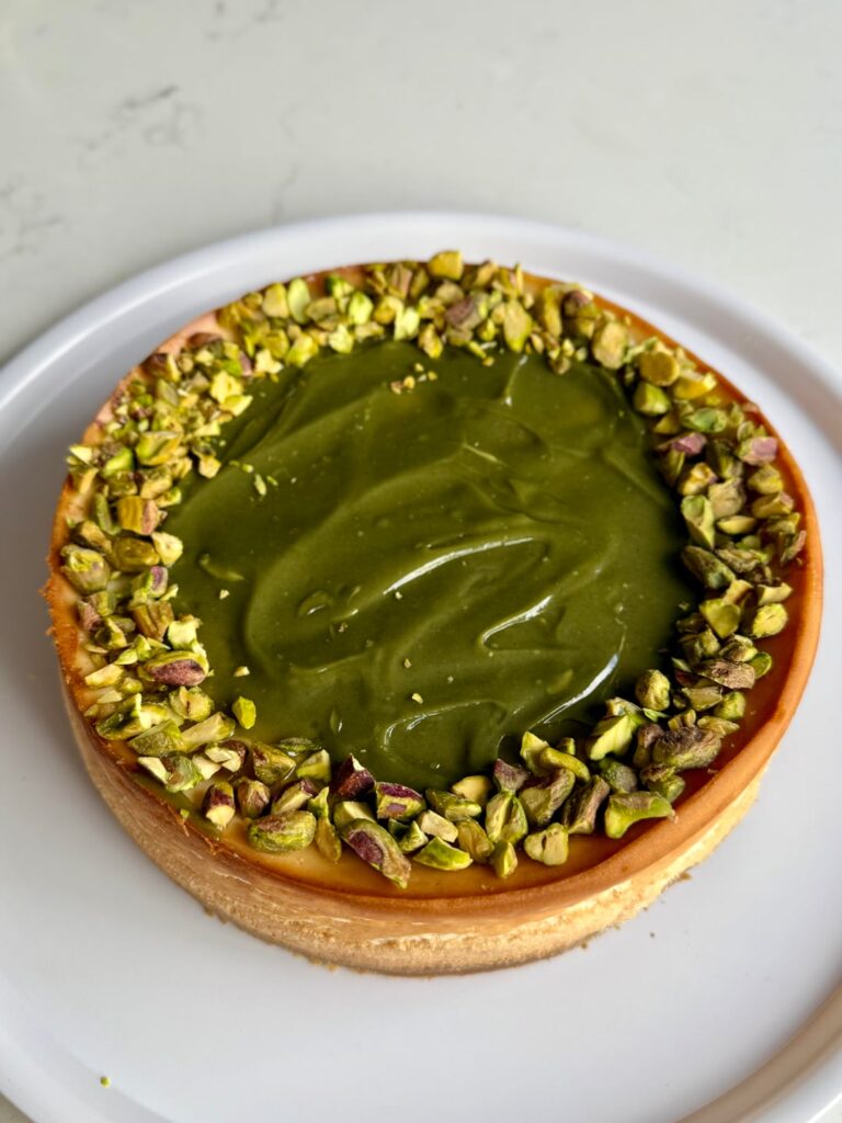 [homemade] ricotta and honey baked cheesecake with pistachio paste and pistachios