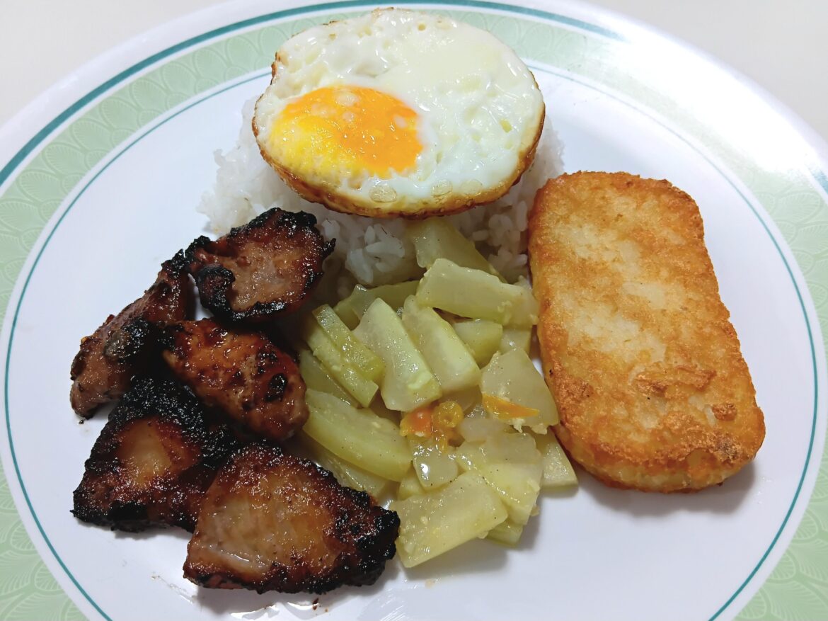Chicken Tocino, Fried Egg, Stir Fried Upo, Hashbrown, and Rice
