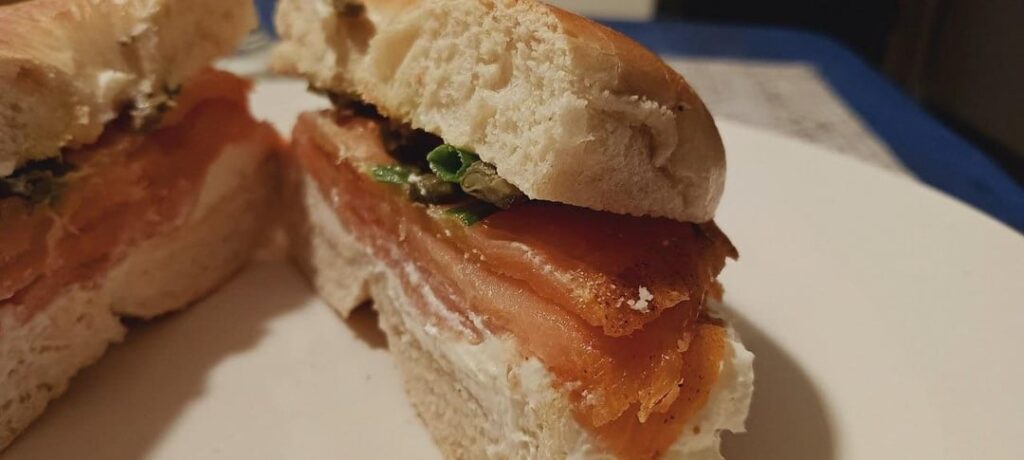 bagel with cream cheese and smoked salmon for breakfast