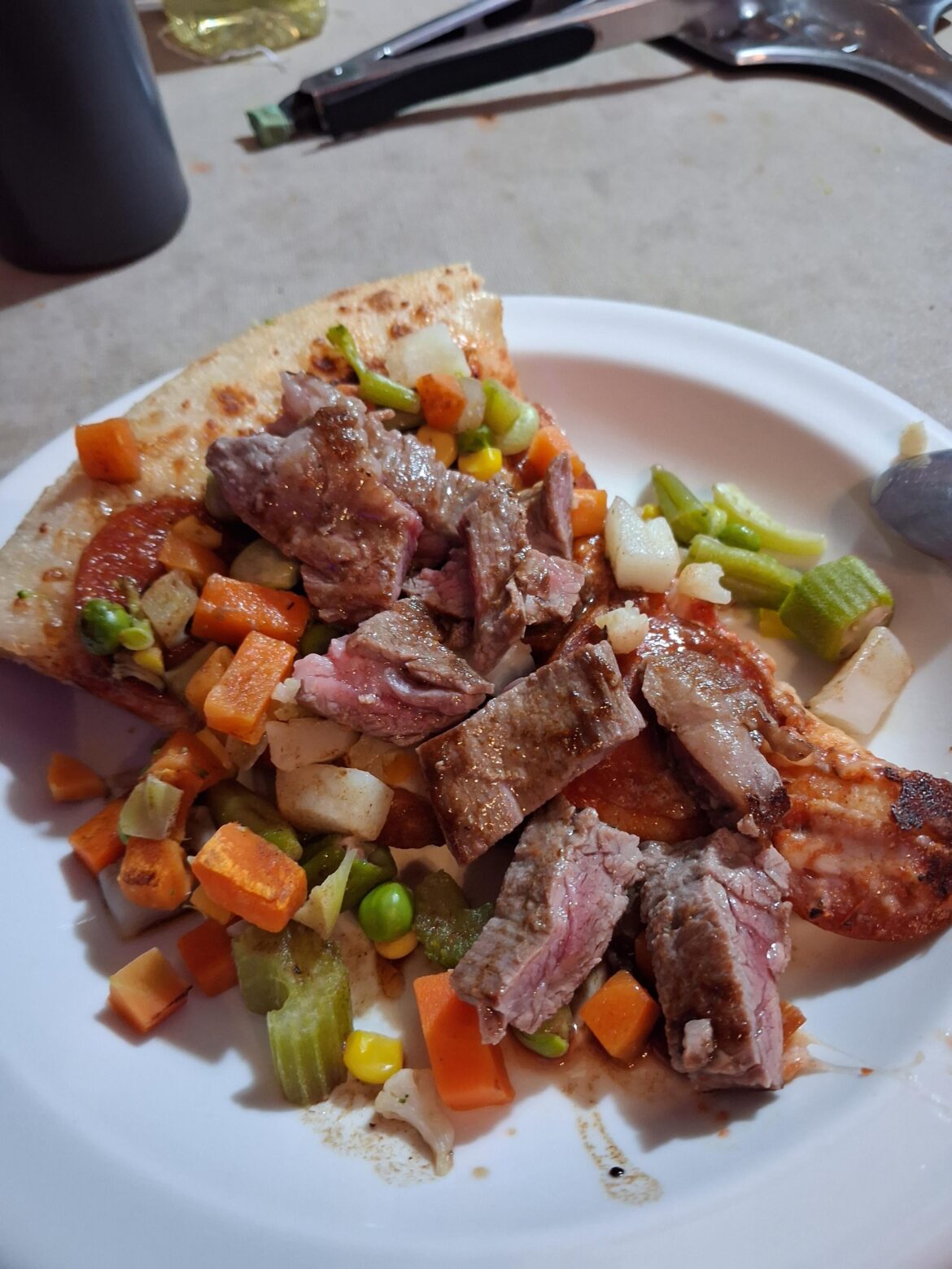 Pizza, steak and frozen veggies