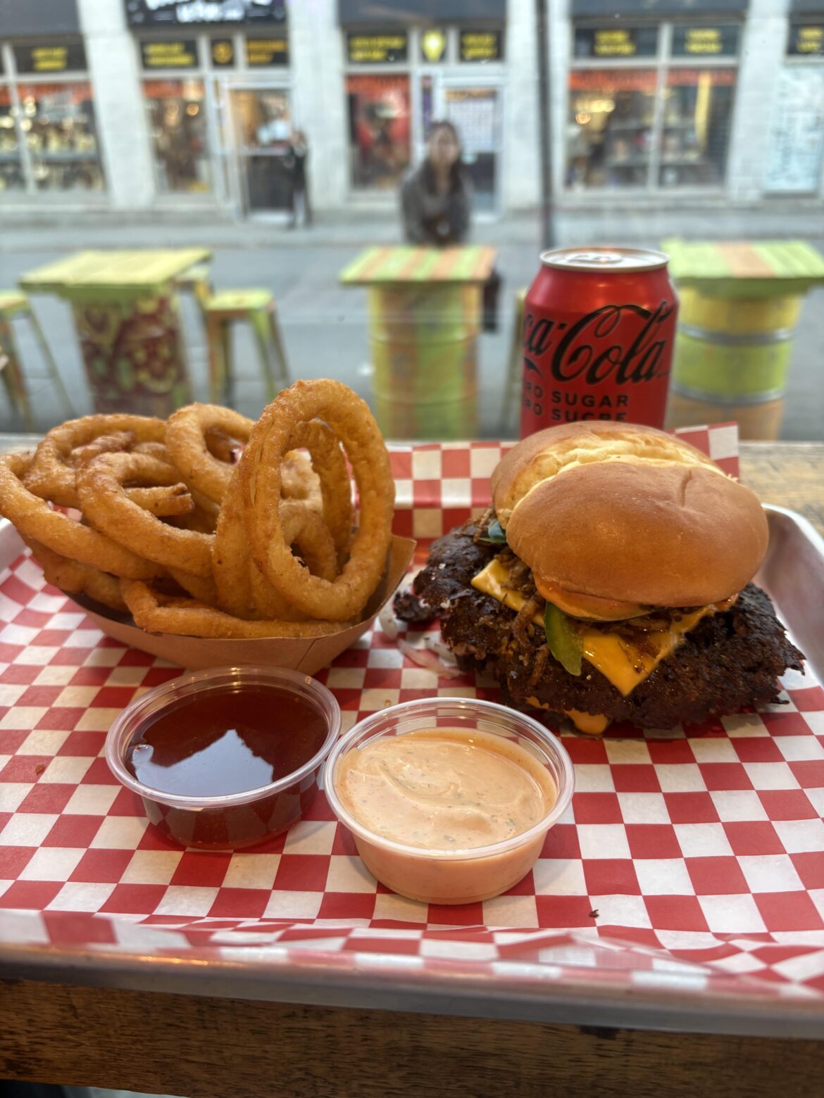 Double smashed with cheese, bacon jam, jalapeño, house sauce, crunchy onions with a side of onion rings.