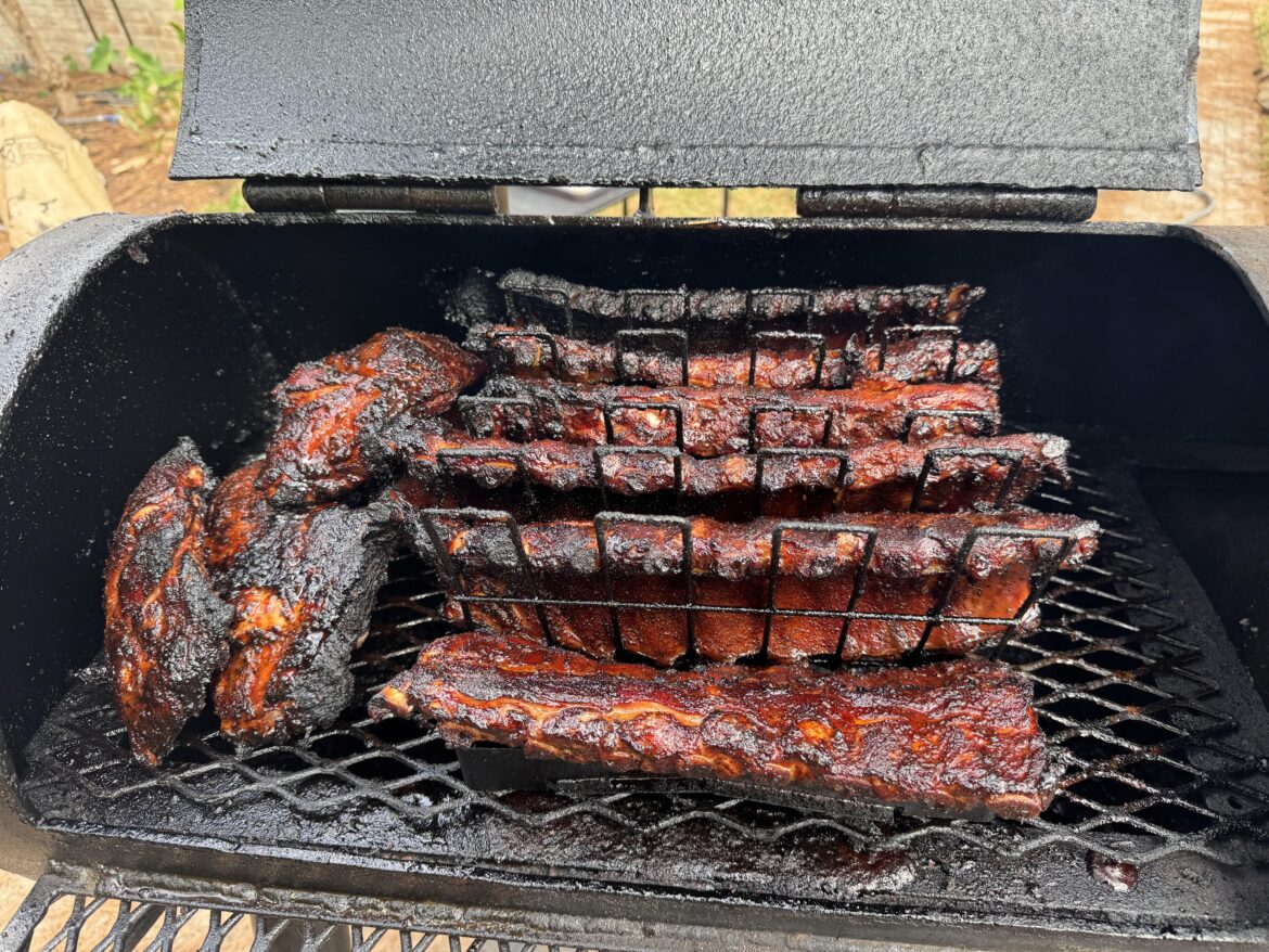 Ribs on a smoker I built in 2003….dry rub, concentrated apple juice mop
