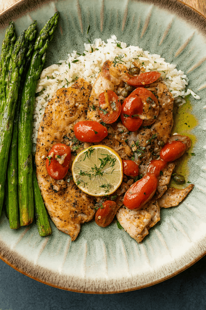 Pan Seared Talapia with Blistered Grape Tomatoes, Capers, and a Dill Beurre Blanc Served Over Lemon Dill Rice Pilaf
