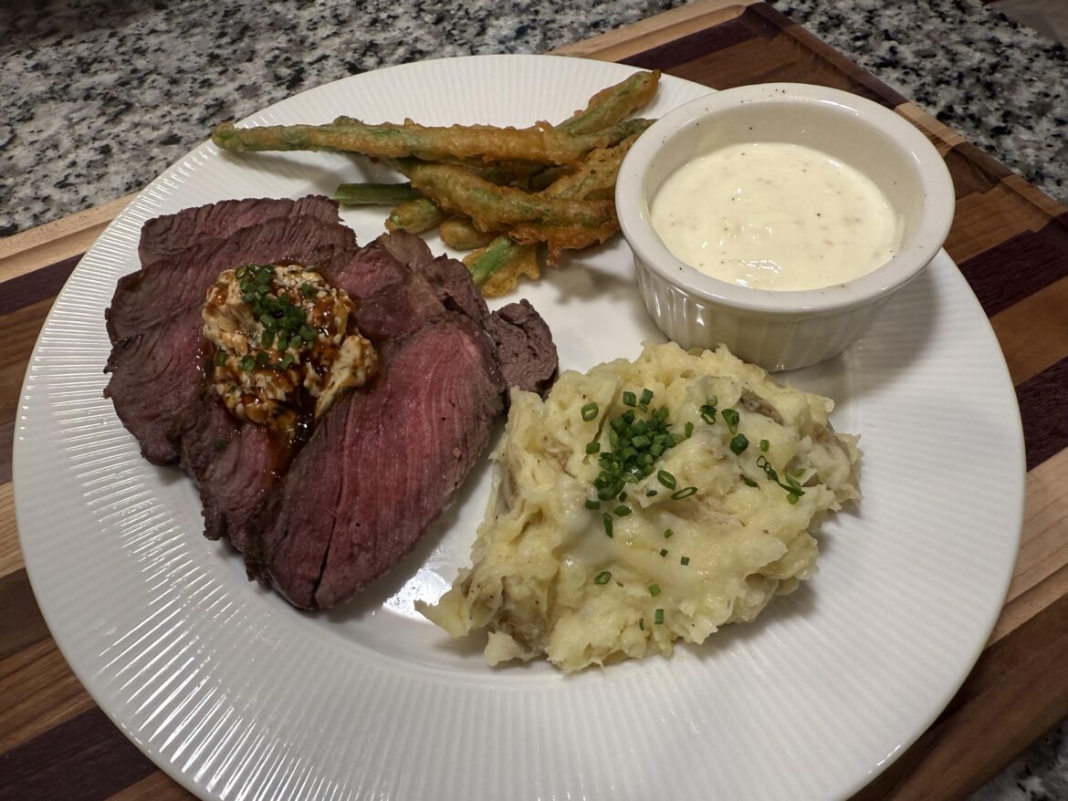 Ribeye with bbq butter, gouda potatoes, asparagus fries with lemon aioli