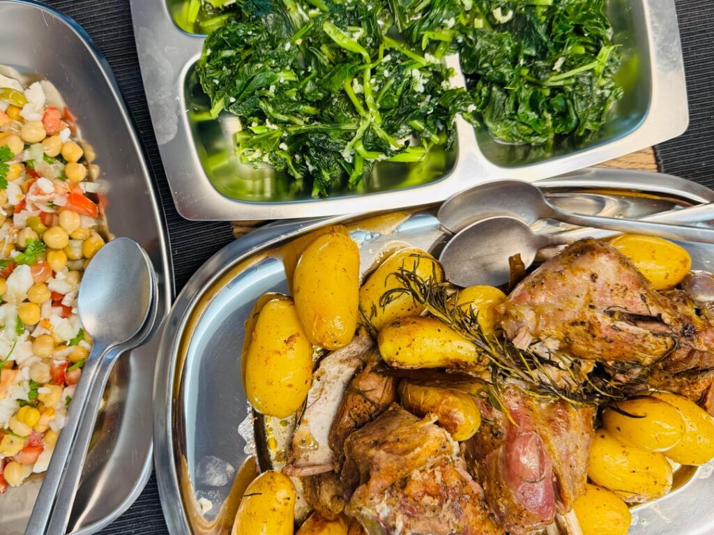 oven roasted lamb, potatoes and collard greens