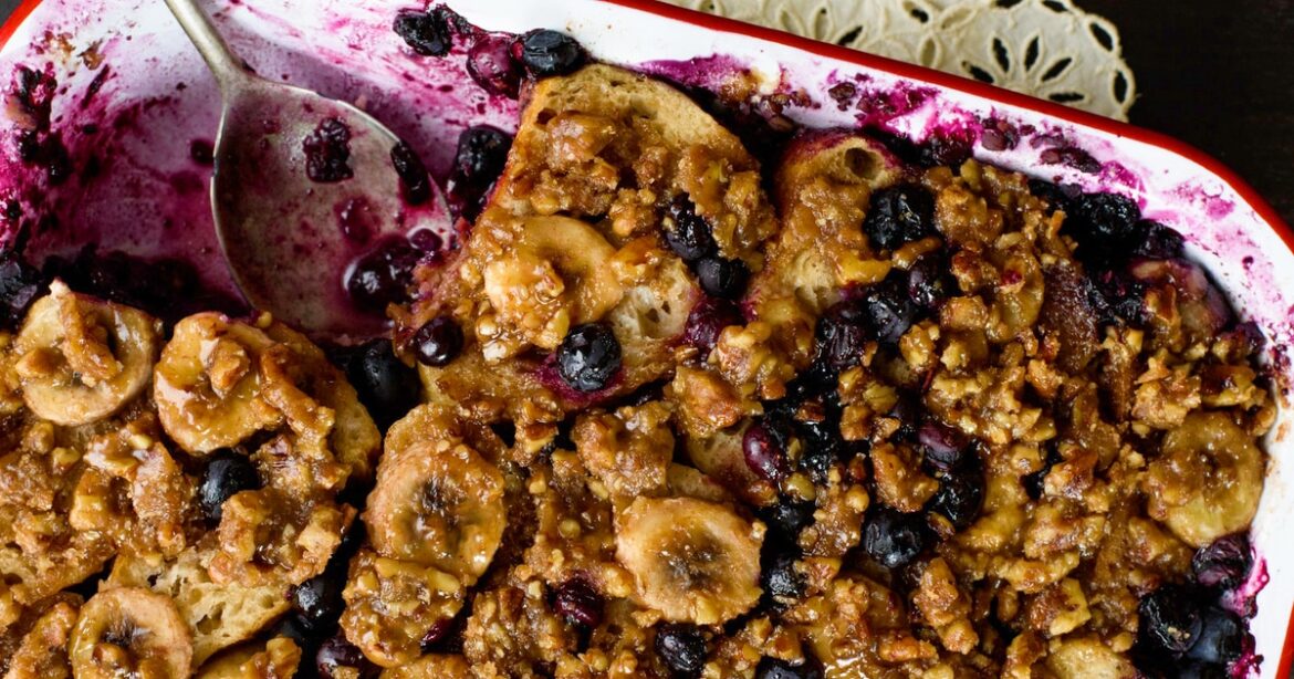 Vegan Buttery Blueberry-Banana and Praline French Toast Casserole Vegan Buttery Blueberry-Banana and Praline French Toast Casserole