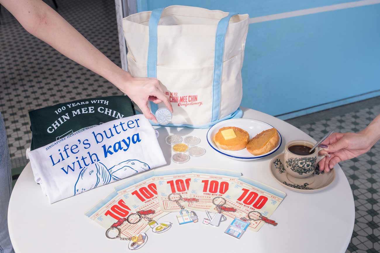 Food and merchandise on table at Chin Mee Chin Confectionery