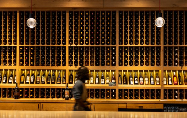 Wines are displayed, Oct. 15, 2025, at Cooper's Hawk in Oak Park. (Brian Cassella/Chicago Tribune)