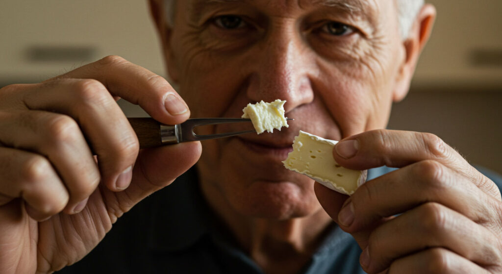 A man inspecting a piece of cheese on a knife