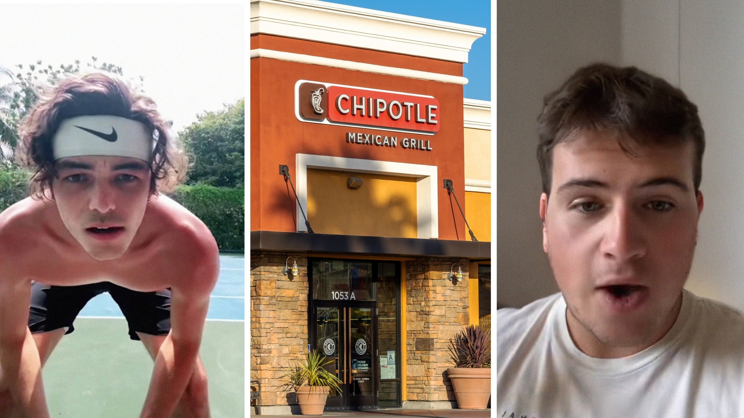Taylor Fritz (l) chipotle store entrance (c) man rates chipotle bowls (r)