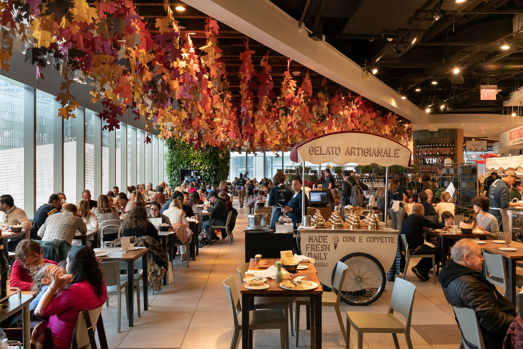 Image shows the dining space at Eataly Italian market.