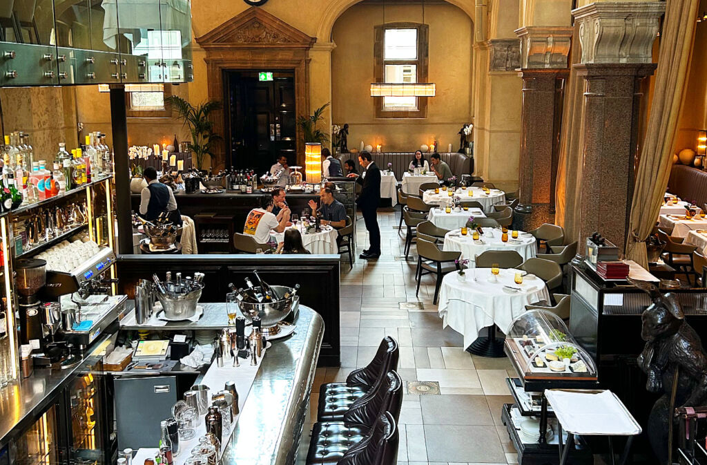 An elevated view of the restaurant with diners