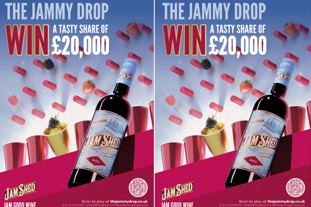 Advert for the Jam Shed 2025 competition 'The Jammy Drop" offering people the chance to win a share of £20,000.