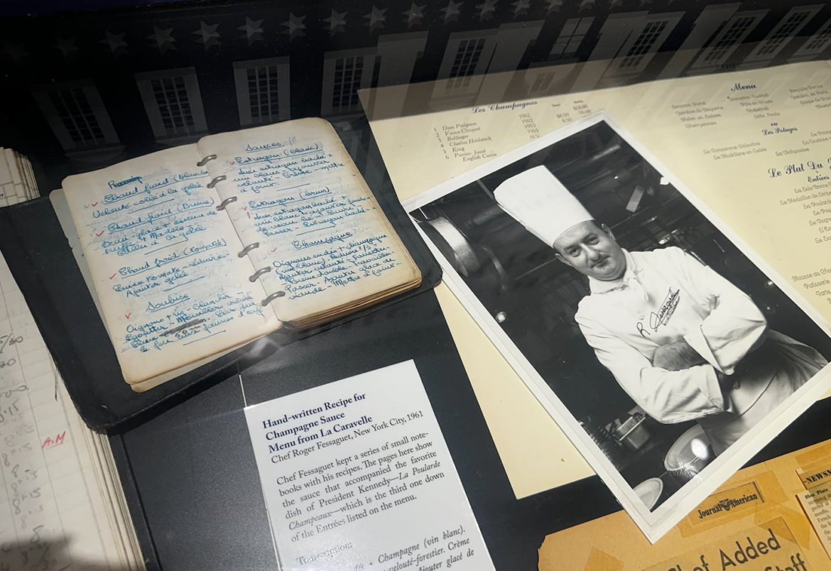 The late chef Roger Fessaguet had kept a series of tiny notebooks with his recipes. His sauce recipe book is on display at the museum, opened to the page for Champagne sauce. The book is on display at the Culinary Arts Museum at Johnson & Wales University in Providence, R.I.