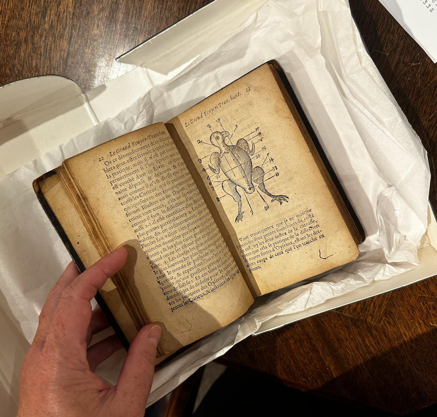“L’école Parfaite des Officiers de Bouche" is a 17th-century cookbook by to Jean Ribou, a scholar and food critic. This copy was printed in 1680 in France and is on display at the Culinary Arts Museum at Johnson & Wales University in Providence, RI.