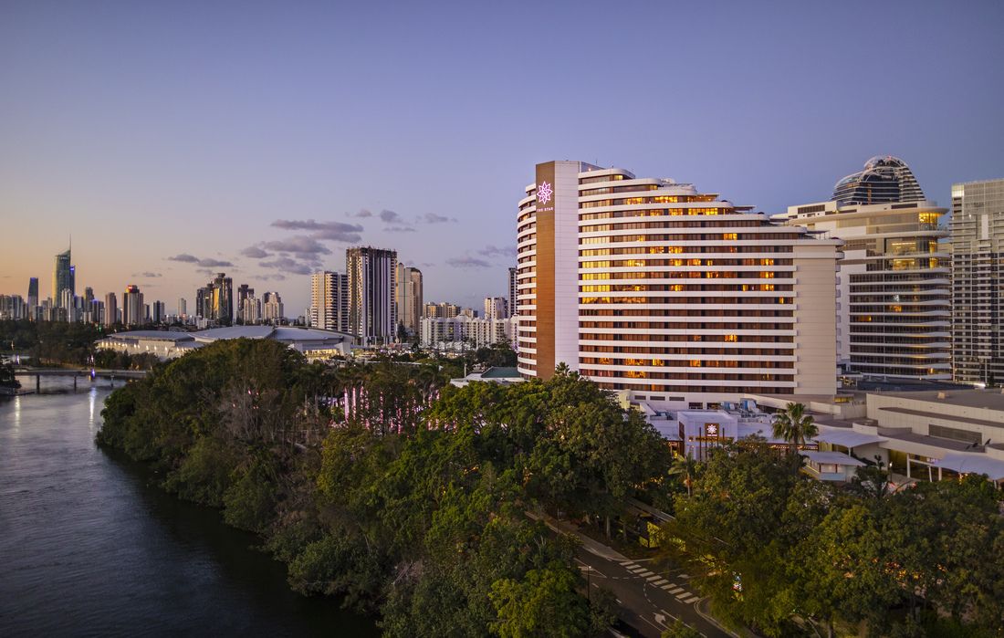 Exterior of The Star Gold Coast at sunset with Broadbeach in the background (image supplied)