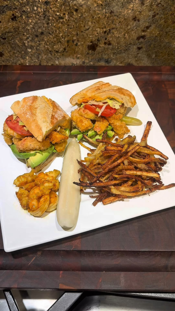 Shrimp Po'boy with duck fat baked fries