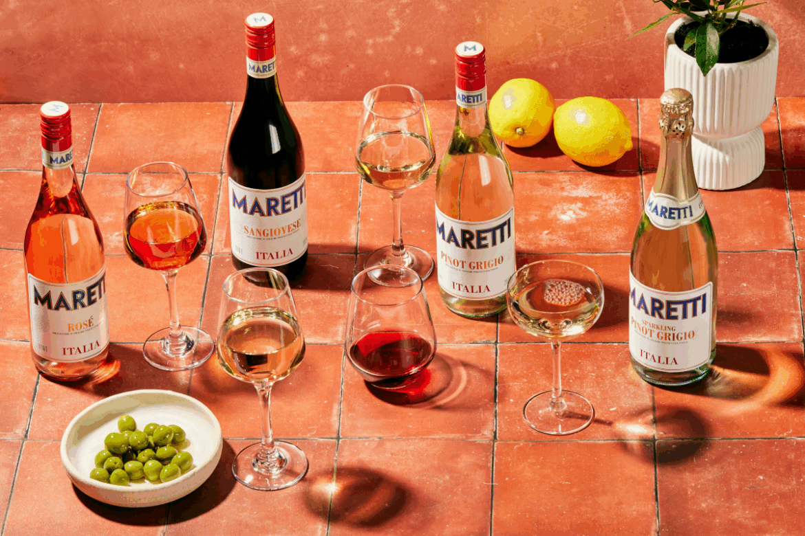 Spread of bottles and glasses showing the Maretti Italia Range.