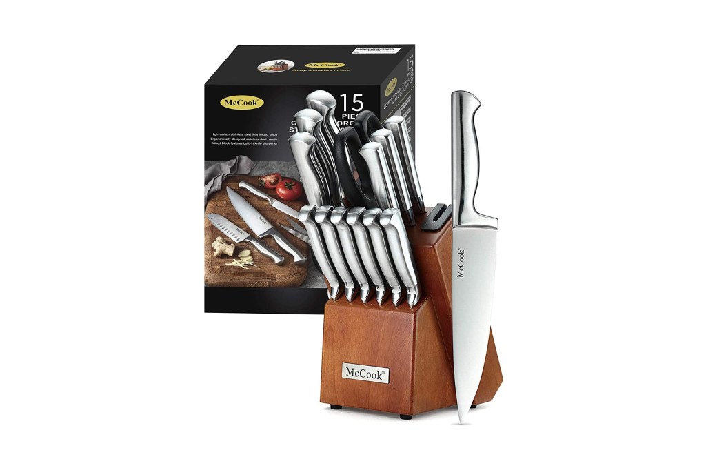 15-piece German stainless steel knife set with wooden block and built-in sharpener.