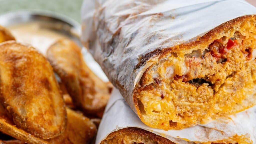 a large italian sandwich wrapped in transparent white paper on a plate 