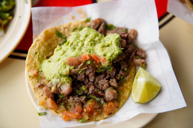 Carne asada taco with beans. Opening of Tacos el Franc at Westfield Plaza Bonita in National City on 06.11.25, in San Diego, California. (Alejandro Tamayo / The San Diego Union-Tribune)
