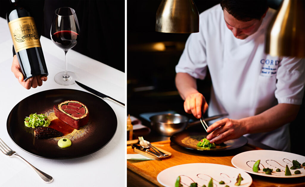 A photograph of a food and wine pairing and one of the chef