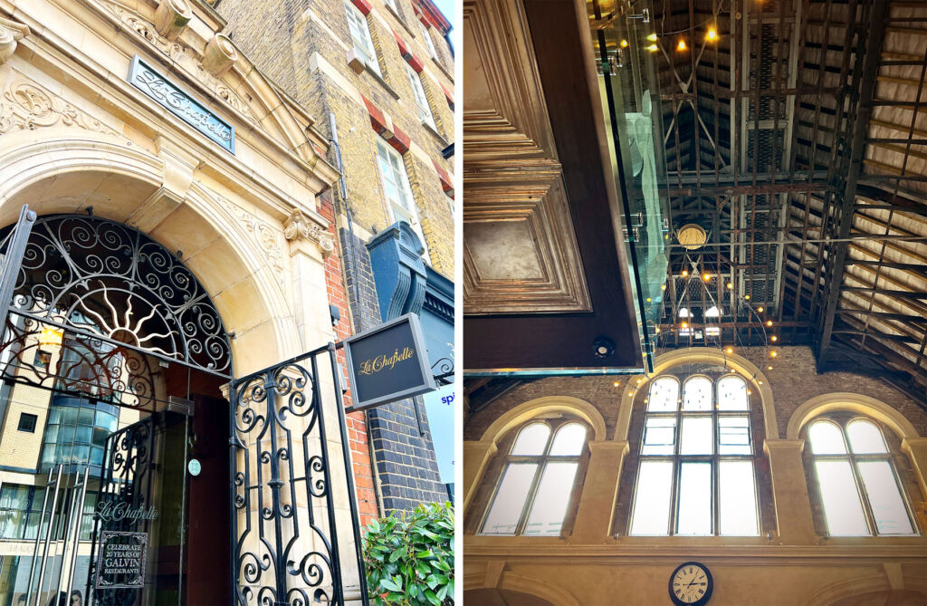 A photo the restaurant's entrance and one of the interior showing the arched windows and mezzanine