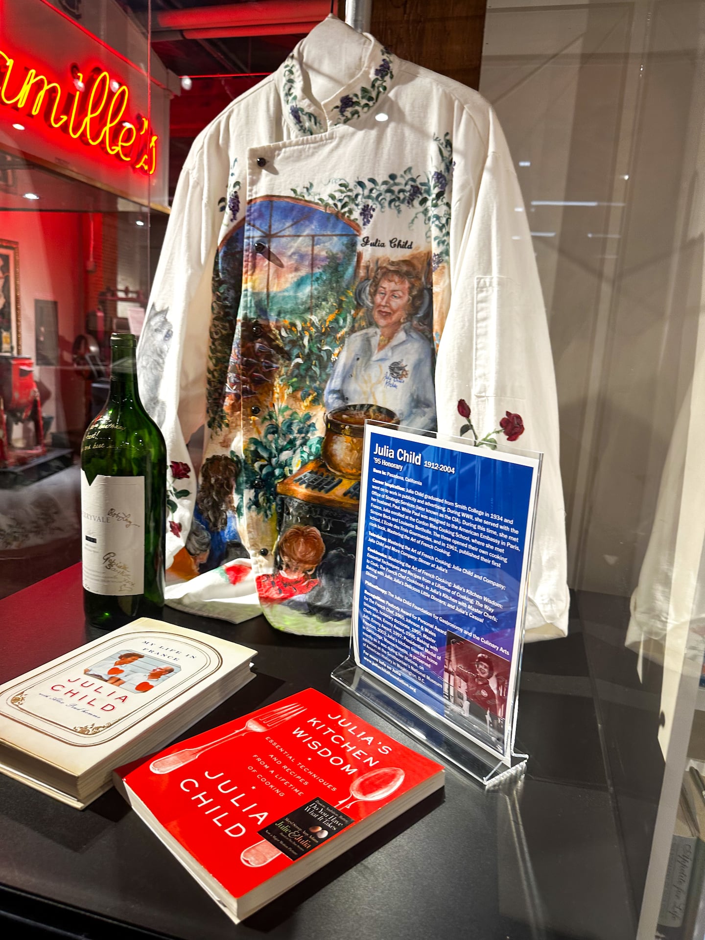 A painted chef's coat honoring Julia Child on display at the Culinary Arts Museum at Johnson & Wales University in Providence, R.I.