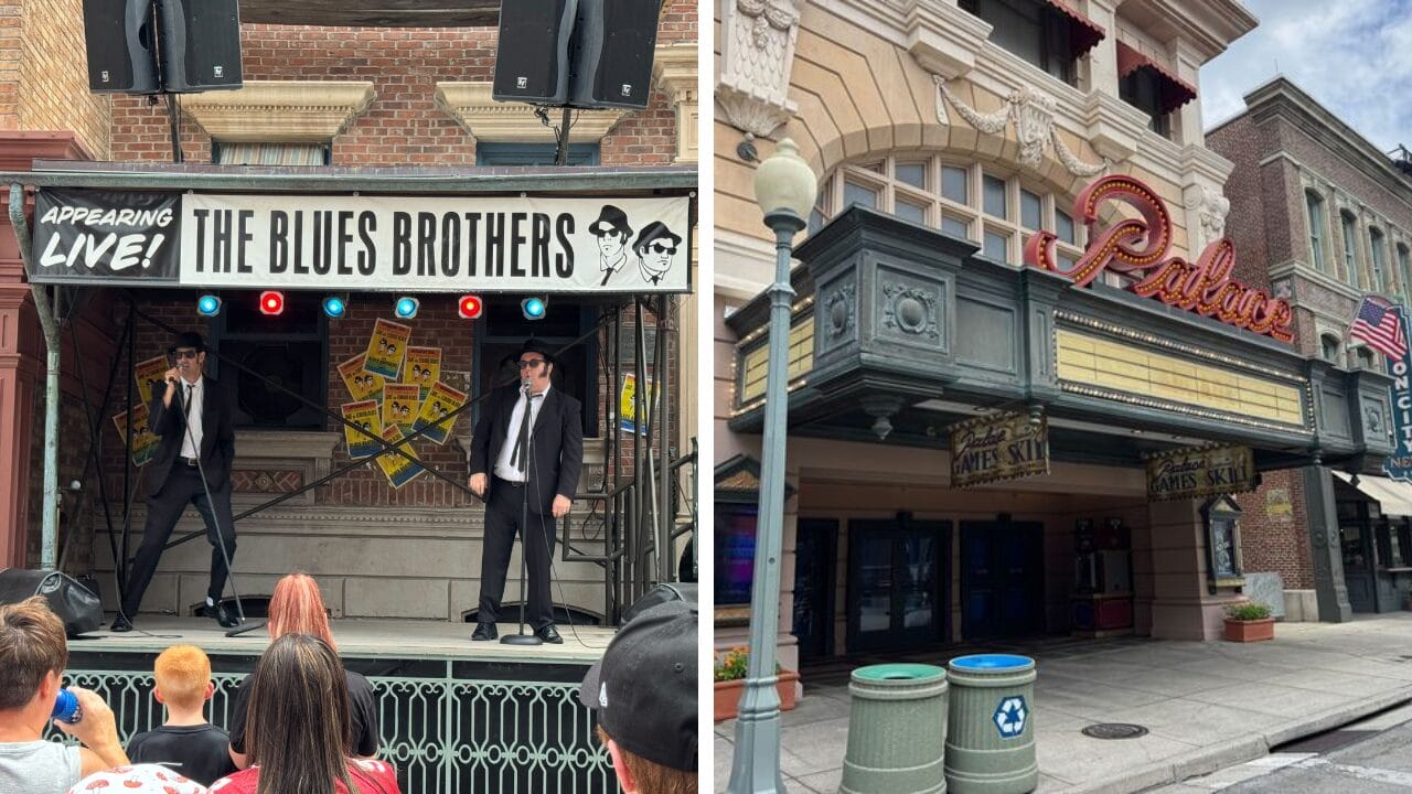 Left: Two Blues Brothers performers on stage; right: Palace Theater’s vintage exterior with Arcade Marquee Letters.