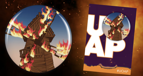 A wooden windmill engulfed in flames appears as a pin and is displayed on an orange and purple #UOAP card.
