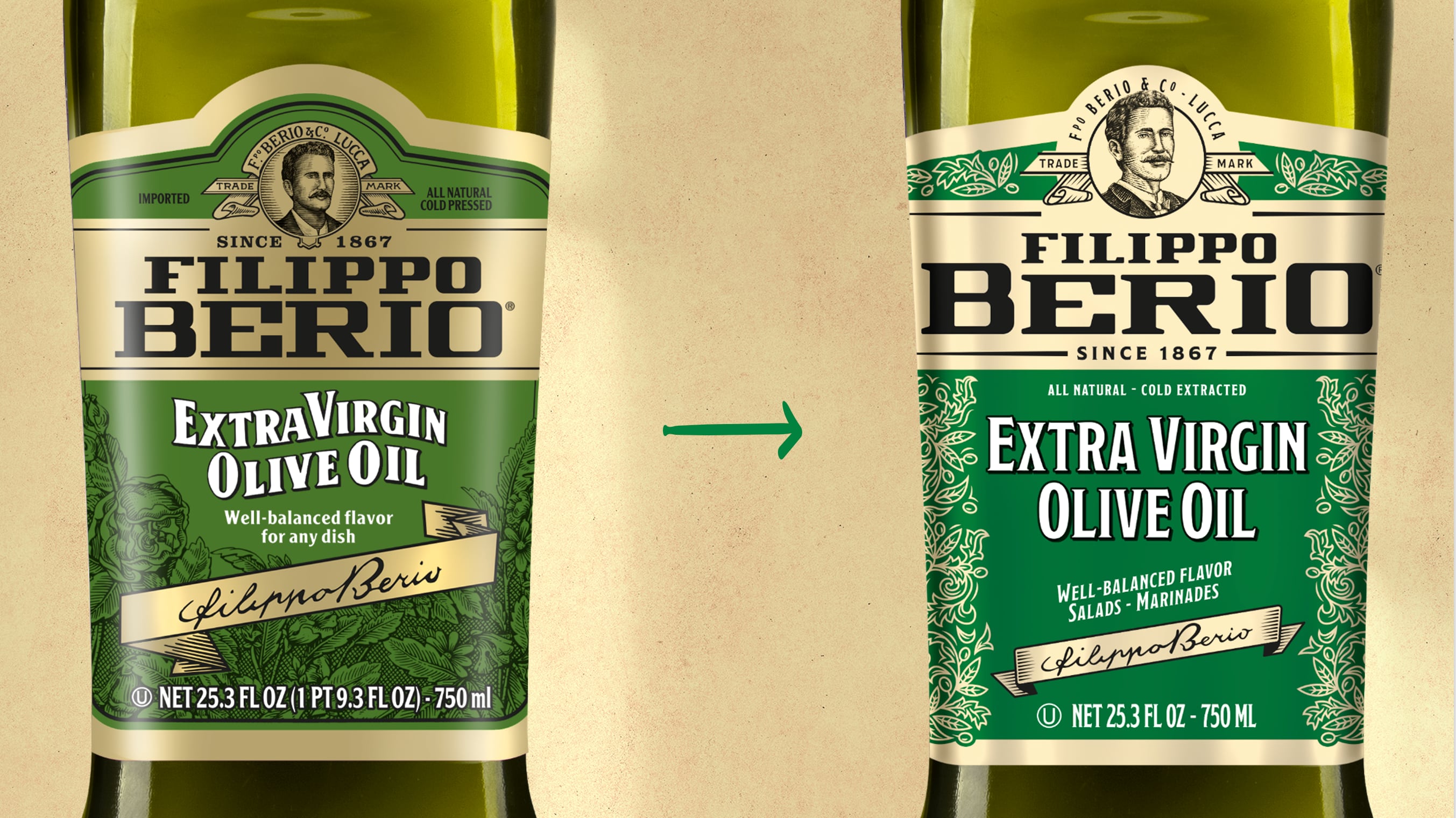 The new design features a bolder font for the brand name and logo, an embossed olive and leaf pattern in gold hand-designed by Italian agency Robilant, and refined gold detailing to convey a premium feel.